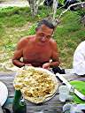 Davide with his banana pizza, Yummmmm!
