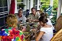 Barbecue time at Chef Andy Niedenthal's house: Nancy, Davide, Mike Morphew, Kay Schwartz, Cele. Andy is the executive chef at Peter Island Resort.