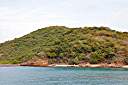 View from Scrub Island isthmus beach. Wali Nikiti construction is in center of hill.
