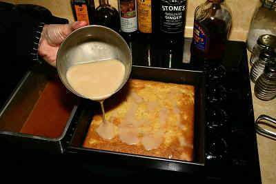Drizzling topping over cake