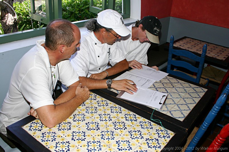 Taste of the Caribbean Competition
Fundraising / Chef's Practice Dinner
Brandywine Bay Restaurant

Coach Mike Morphew watches chefs Davide Pugliese and Scot Weston confer over the Mise en Place blind basket ingredient list.
